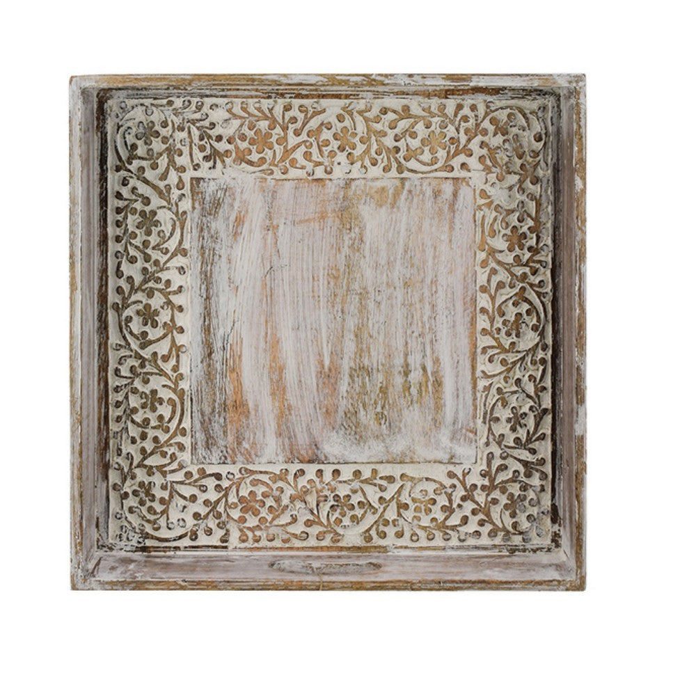 Owen Square Tray, Floral Carved Raised Edge, Brown Mango Wood 16x16 - BM350965