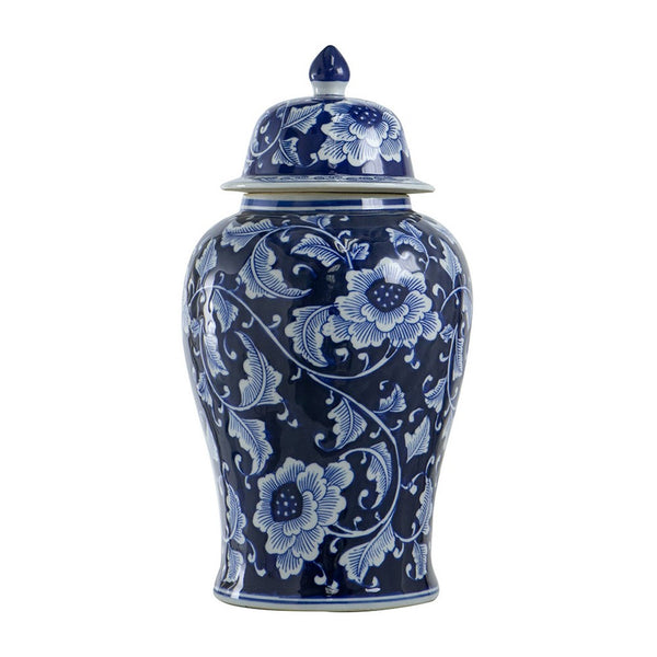 Reed Ginger Jar with Dome Lid, Floral Pattern Blue-White Porcelain 18 Inch - BM350966