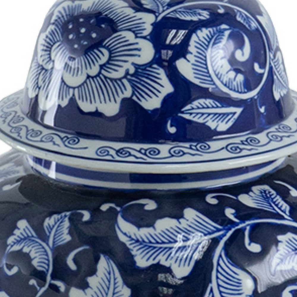 Reed Ginger Jar with Dome Lid, Floral Pattern Blue-White Porcelain 18 Inch - BM350966