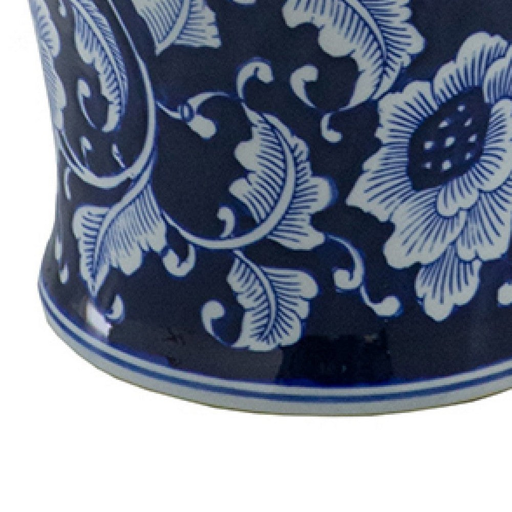 Reed Ginger Jar with Dome Lid, Floral Pattern Blue-White Porcelain 18 Inch - BM350966