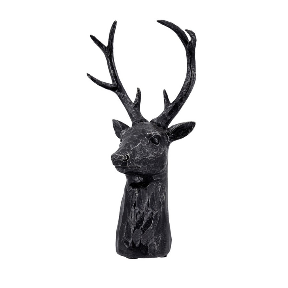 Cadie 8-Point Deer Head Sculpture, Carved Details, Black Resin 11 Inch - BM350967