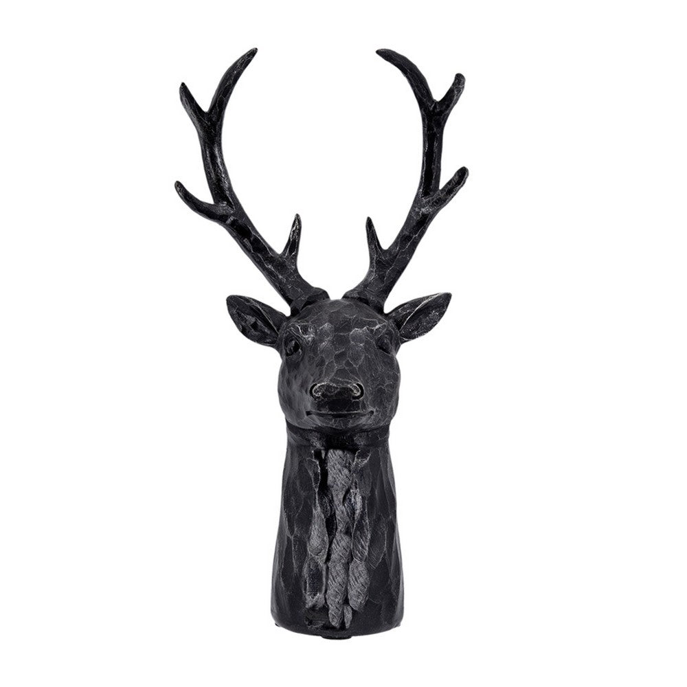 Cadie 8-Point Deer Head Sculpture, Carved Details, Black Resin 11 Inch - BM350967