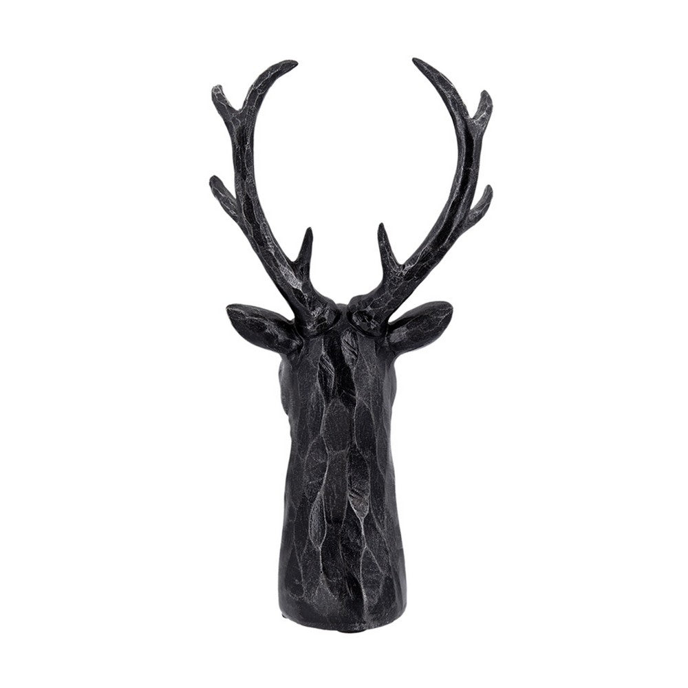 Cadie 8-Point Deer Head Sculpture, Carved Details, Black Resin 11 Inch - BM350967
