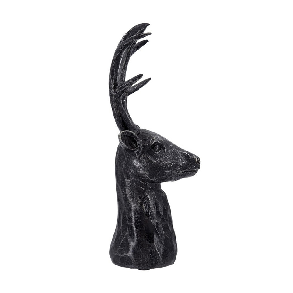 Cadie 8-Point Deer Head Sculpture, Carved Details, Black Resin 11 Inch - BM350967