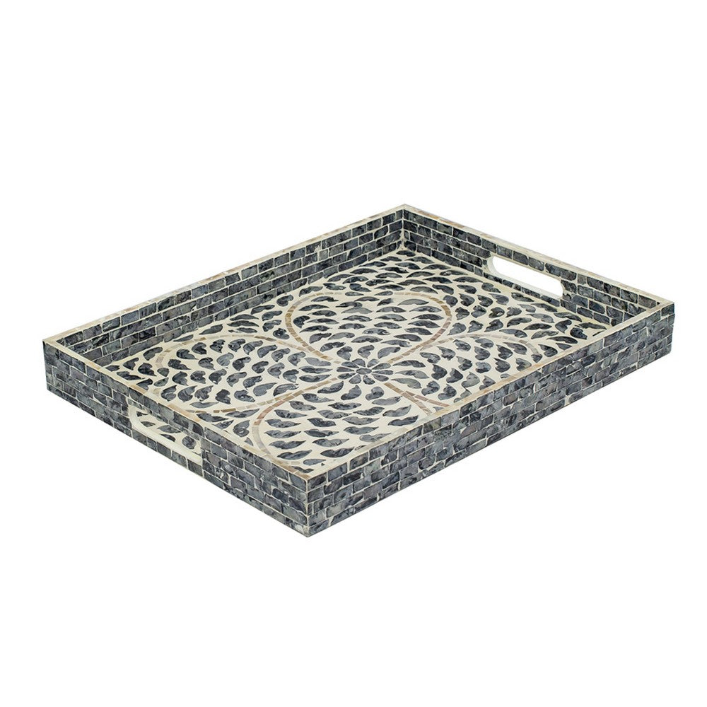 Berty Rectangular Decorative Tray, Mosaic Pattern Black Beige Capiz 14x18 - BM350970