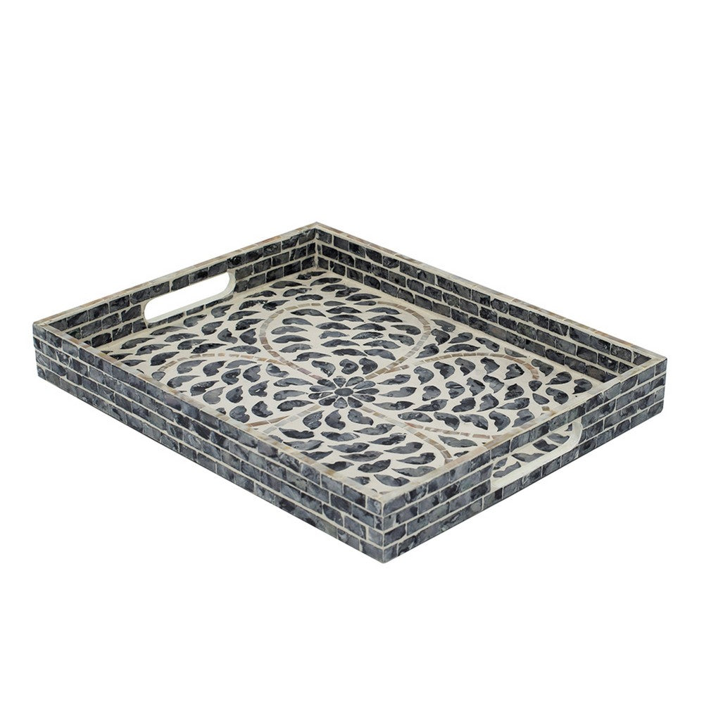 Berty Rectangular Decorative Tray, Mosaic Pattern Black Beige Capiz 12x15 - BM350971
