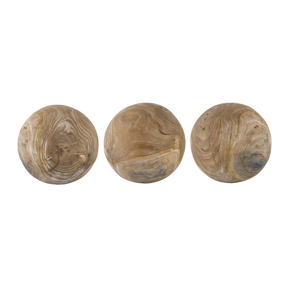 Leah Decorative Orb Ball Set of 3, Grain Pattern Brown Teak Wood 6 Inch - BM350973