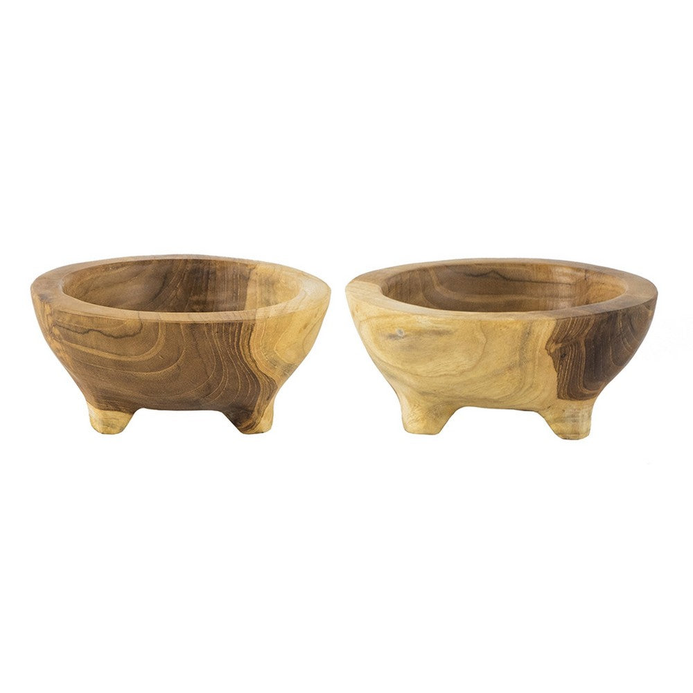 Novie Teak Wood Footed Round Bowls Set of 2, 6 Inch Natural Carved - BM350974