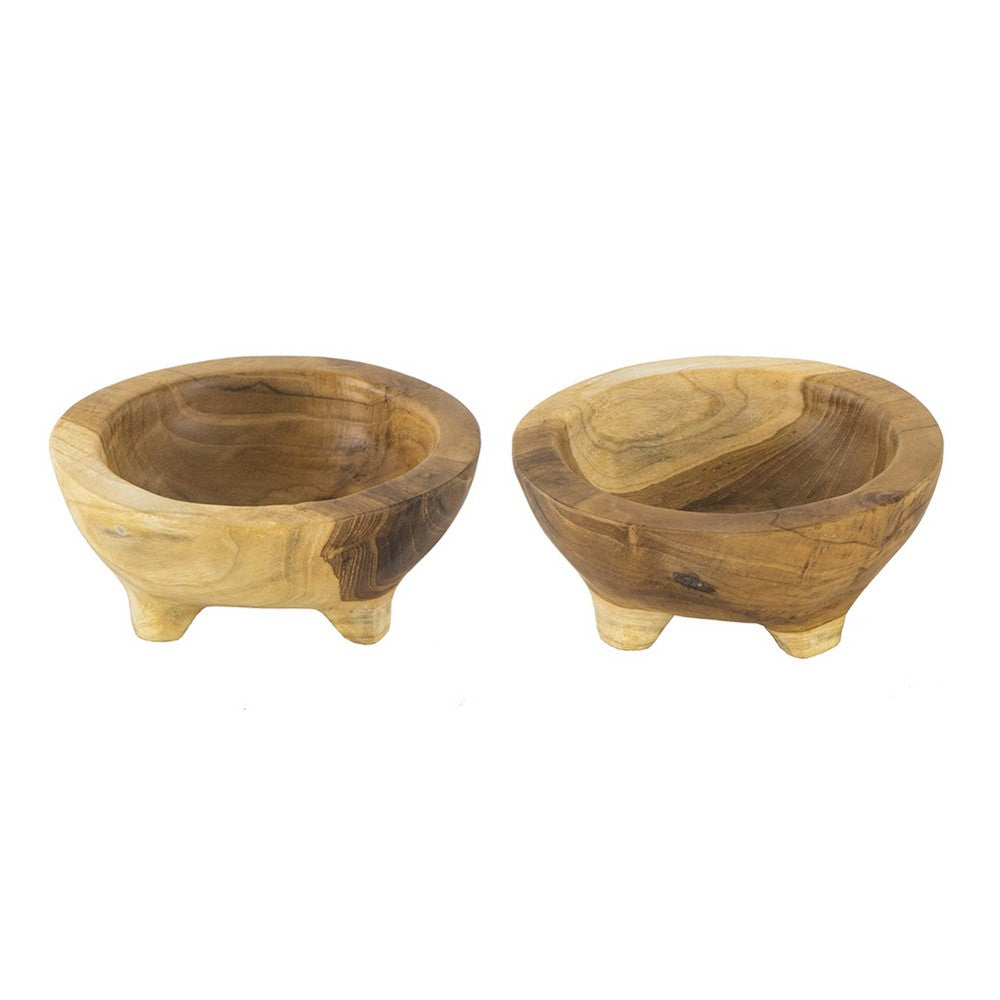 Novie Teak Wood Footed Round Bowls Set of 2, 6 Inch Natural Carved - BM350974