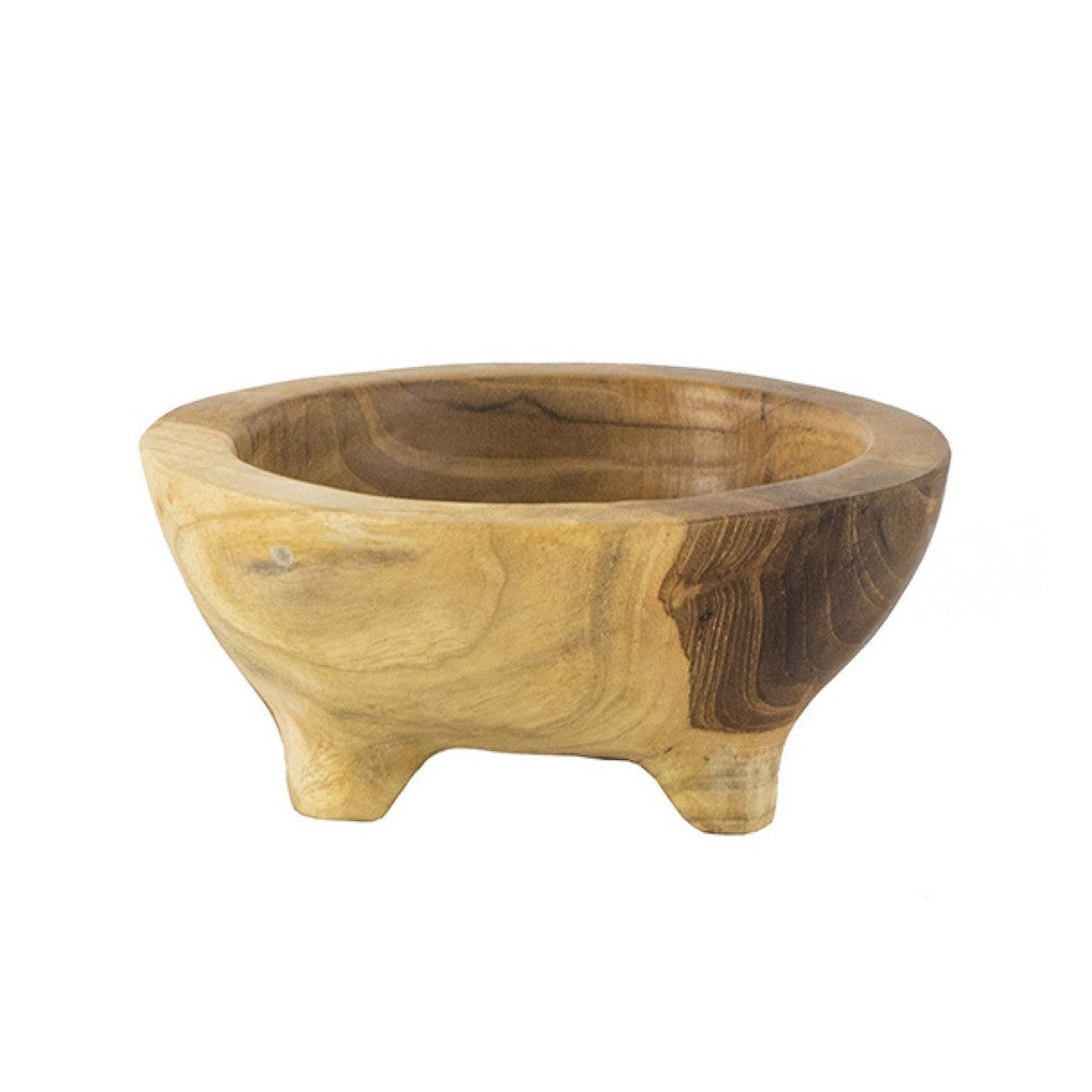 Novie Teak Wood Footed Round Bowls Set of 2, 6 Inch Natural Carved - BM350974