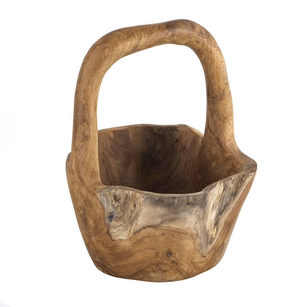 Zack Teak Wood Bowl with Handle, Brown Flowing Grain Pattern, 13 Inch - BM350975