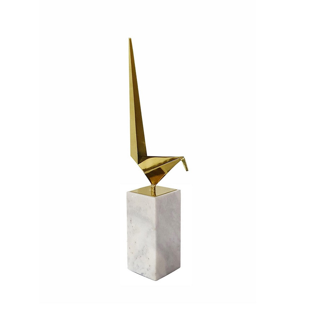Komi Origami Bird Sculpture, White Marble Base, 21 Inch Gold Steel - BM350976