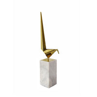 Komi Origami Bird Sculpture, White Marble Base, 21 Inch Gold Steel - BM350976