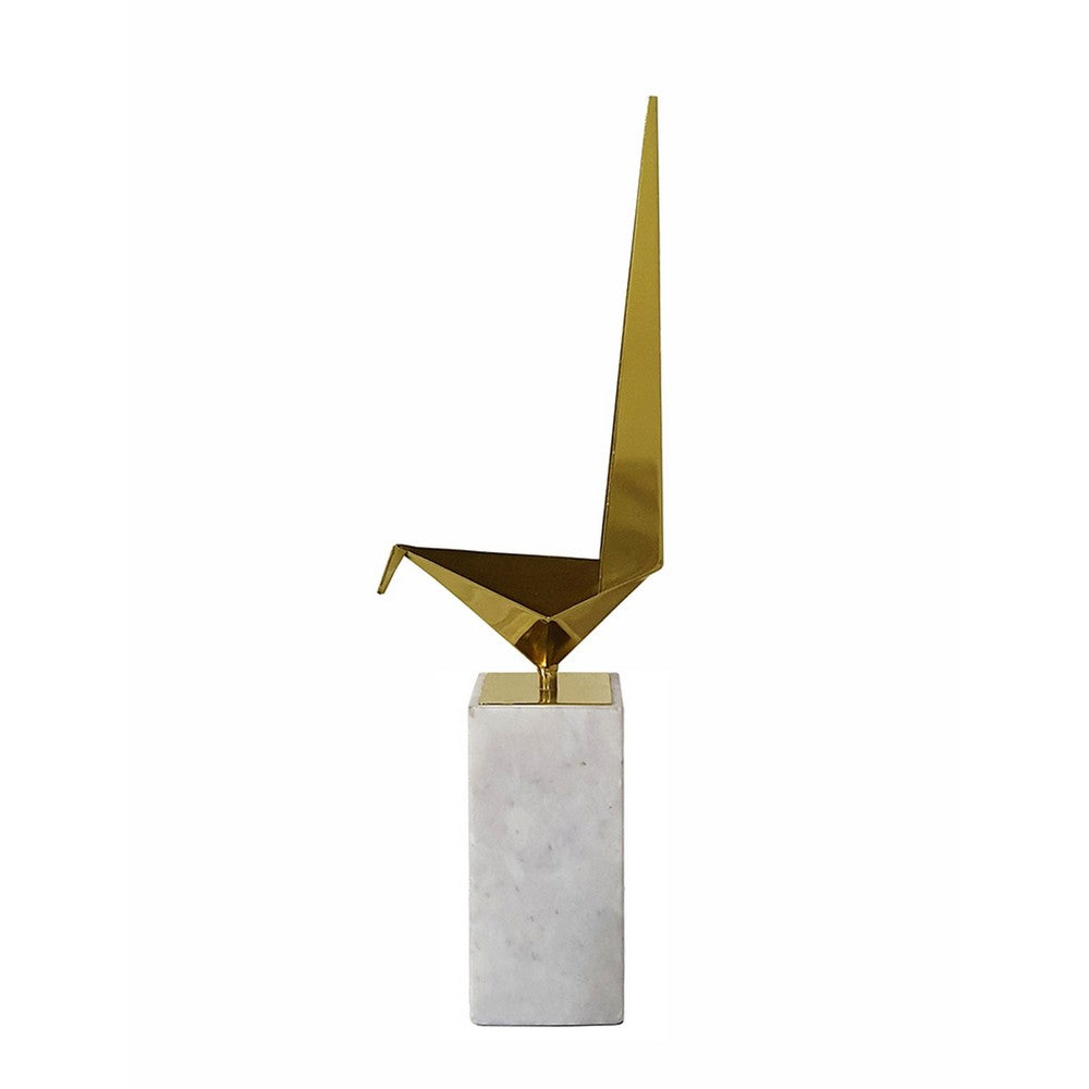 Komi Origami Bird Sculpture, White Marble Base, 21 Inch Gold Steel - BM350976