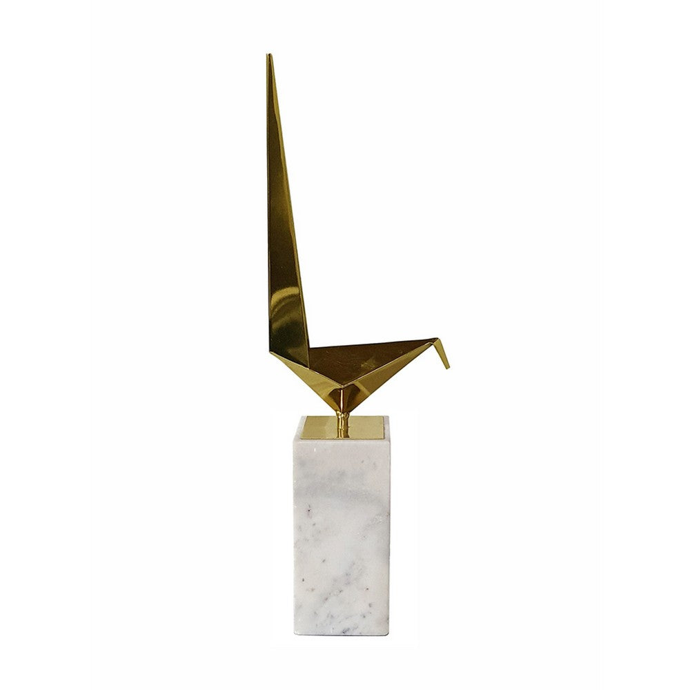Komi Origami Bird Sculpture, White Marble Base, 21 Inch Gold Steel - BM350976
