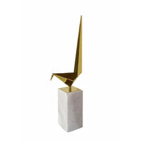 Komi Origami Bird Sculpture, White Marble Base, 21 Inch Gold Steel - BM350976