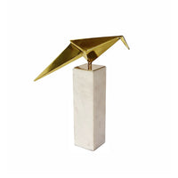 Komi Origami Bird Sculpture, White Marble Base, 13 Inch Gold Steel - BM350977