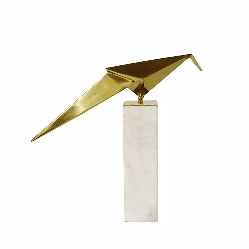 Komi Origami Bird Sculpture, White Marble Base, 13 Inch Gold Steel - BM350977