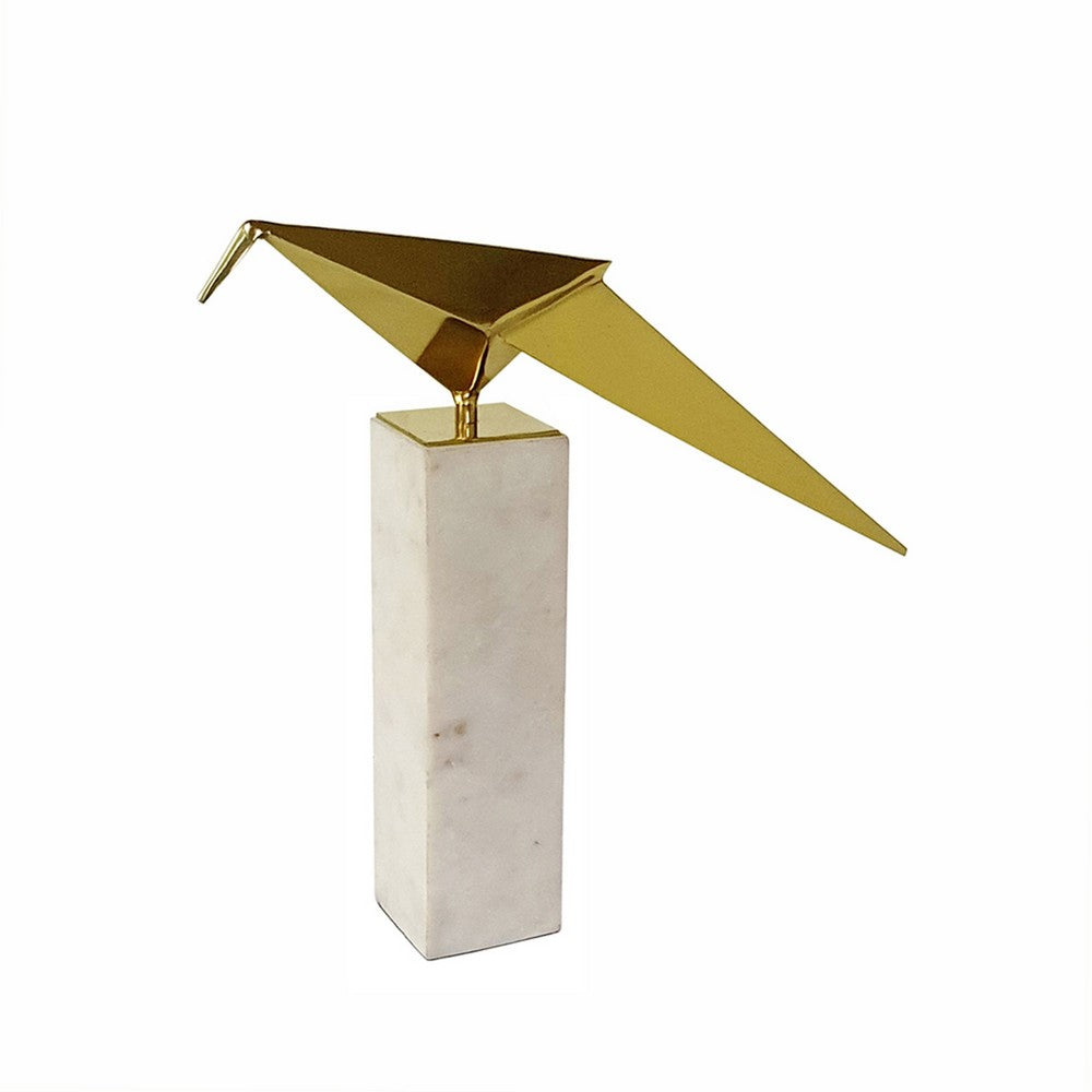 Komi Origami Bird Sculpture, White Marble Base, 13 Inch Gold Steel - BM350977