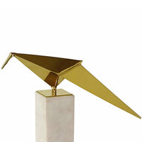 Komi Origami Bird Sculpture, White Marble Base, 13 Inch Gold Steel - BM350977
