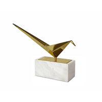 Komi Origami Bird Sculpture, White Marble Base, 15 Inch Gold Steel - BM350978