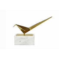 Komi Origami Bird Sculpture, White Marble Base, 15 Inch Gold Steel - BM350978