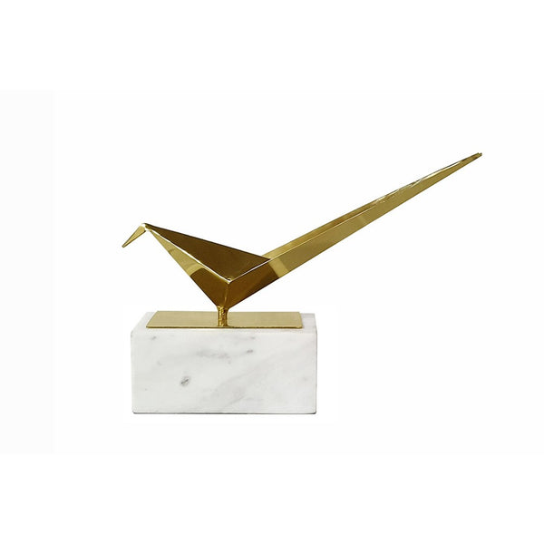 Komi Origami Bird Sculpture, White Marble Base, 15 Inch Gold Steel - BM350978