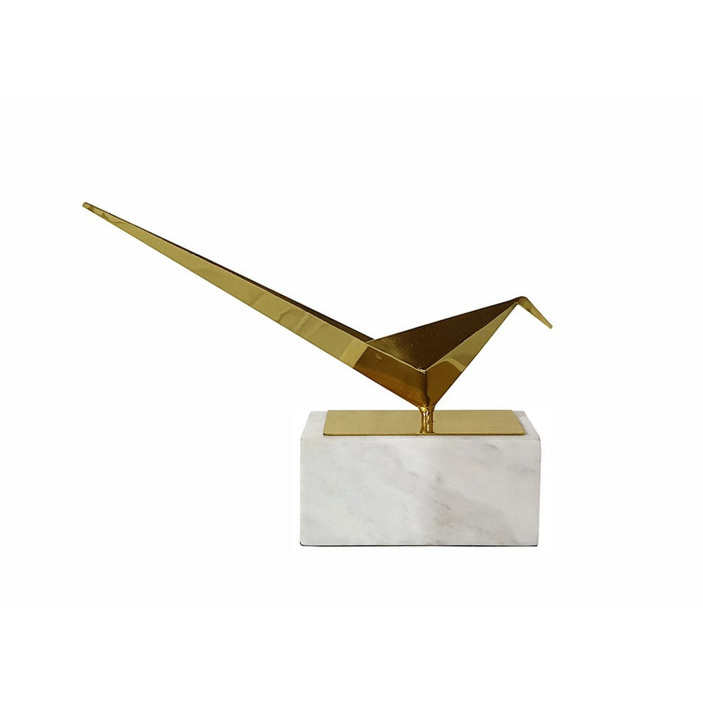 Komi Origami Bird Sculpture, White Marble Base, 15 Inch Gold Steel - BM350978