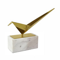 Komi Origami Bird Sculpture, White Marble Base, 15 Inch Gold Steel - BM350978