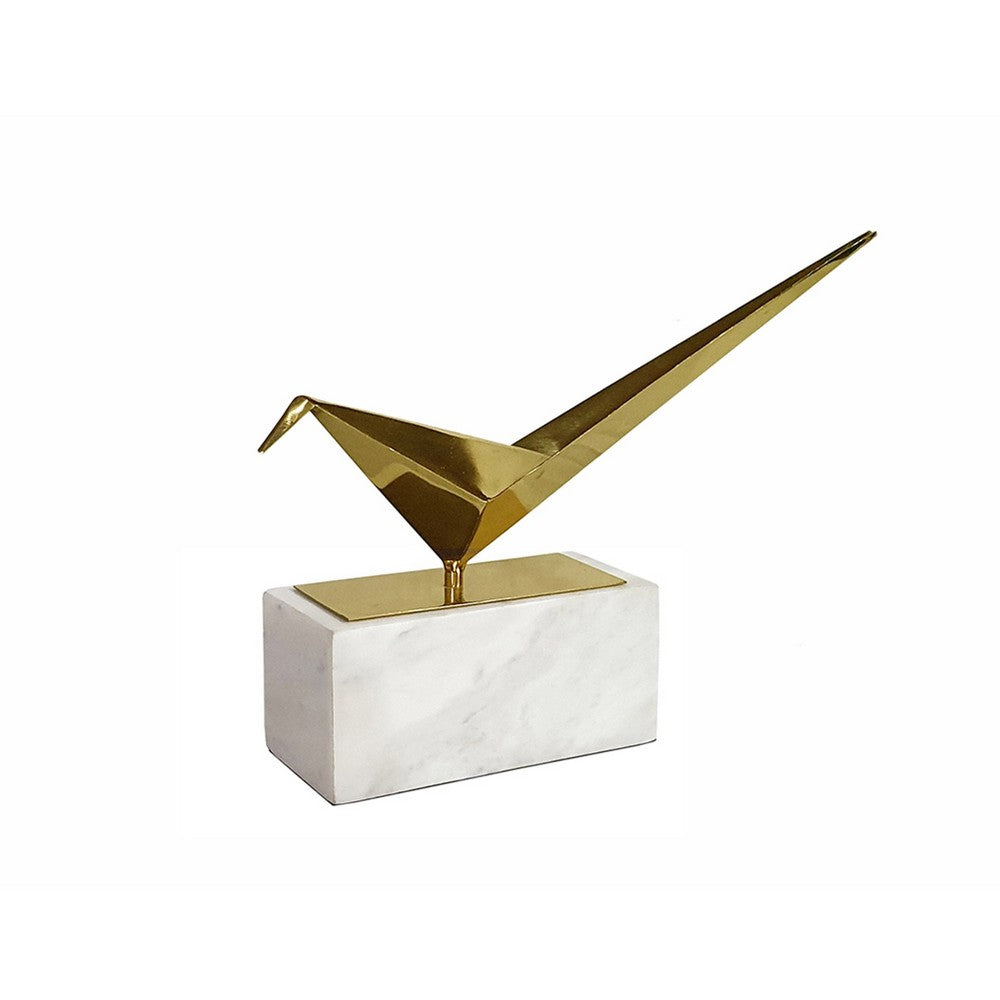 Komi Origami Bird Sculpture, White Marble Base, 15 Inch Gold Steel - BM350978