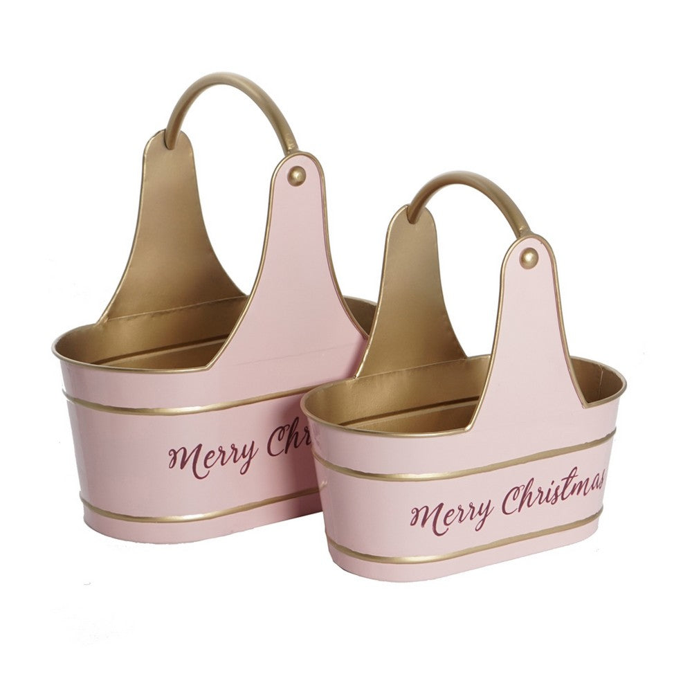 Limu Storage Basket Set of 2, Gold Handles, Light Pink Merry Christmas  - BM350986