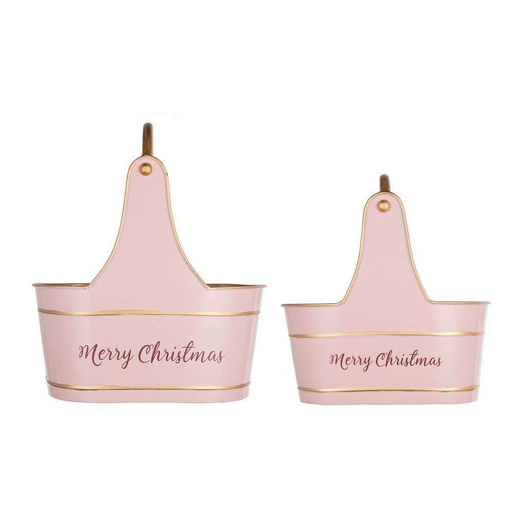 Limu Storage Basket Set of 2, Gold Handles, Light Pink Merry Christmas  - BM350986