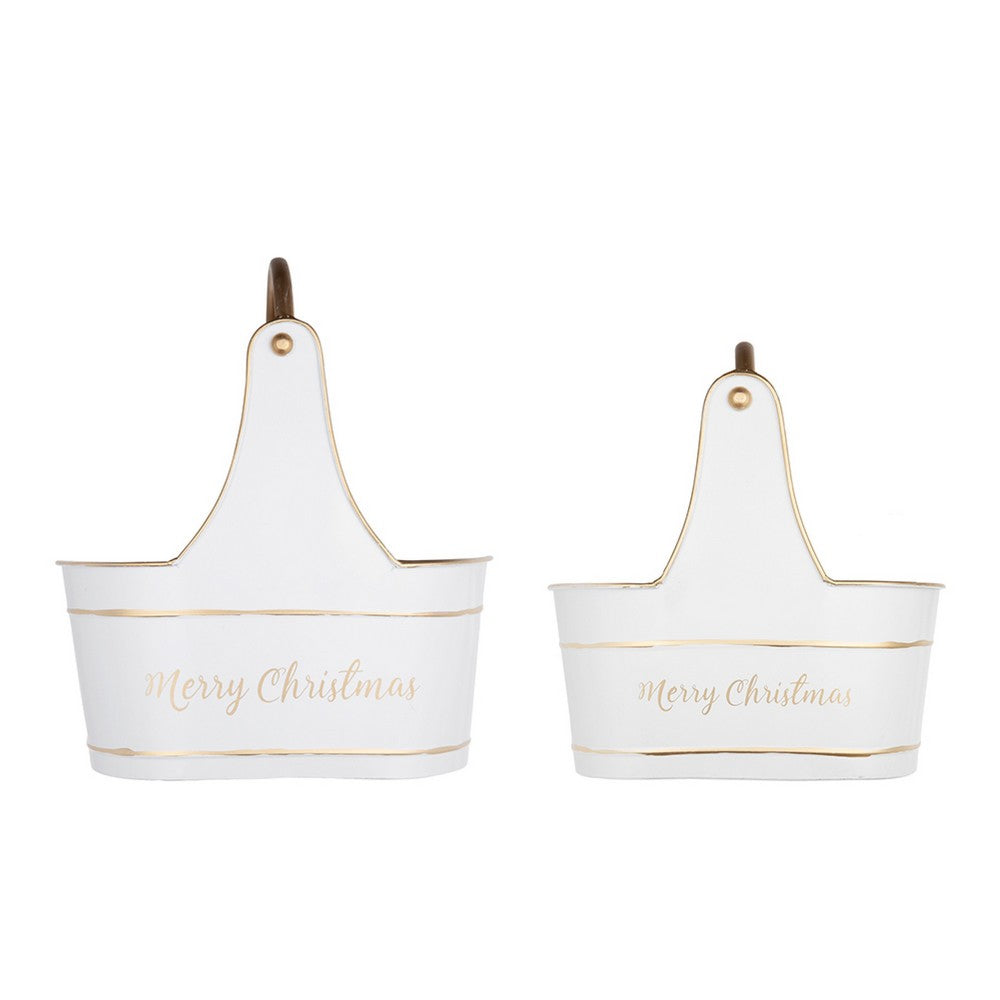 Limu Storage Basket Set of 2, Gold Handles, White Merry Christmas - BM350987