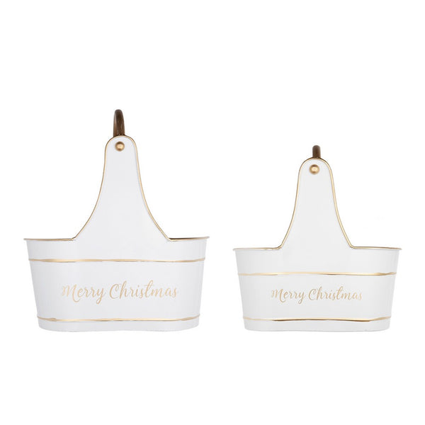 Limu Storage Basket Set of 2, Gold Handles, White Merry Christmas - BM350987