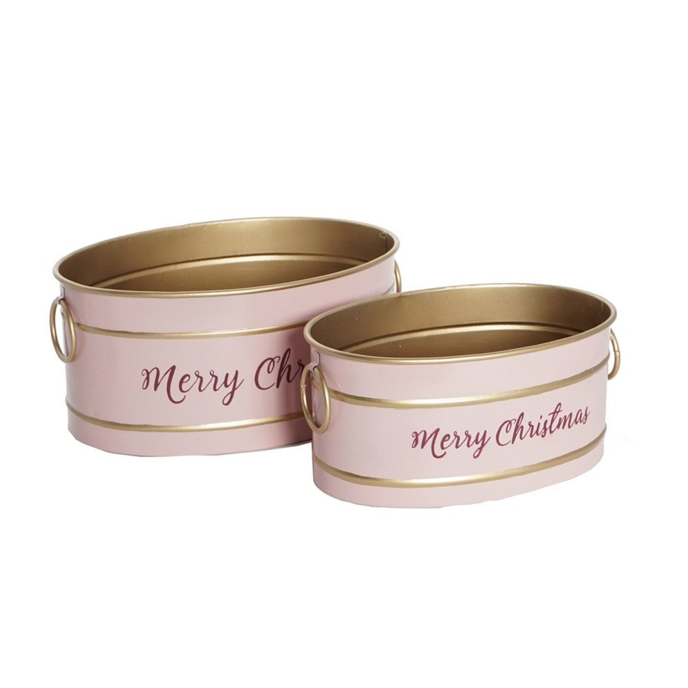 Limu Baskets Set of 2, Gold Trim, Oval Pink Iron Merry Christmas  - BM350988