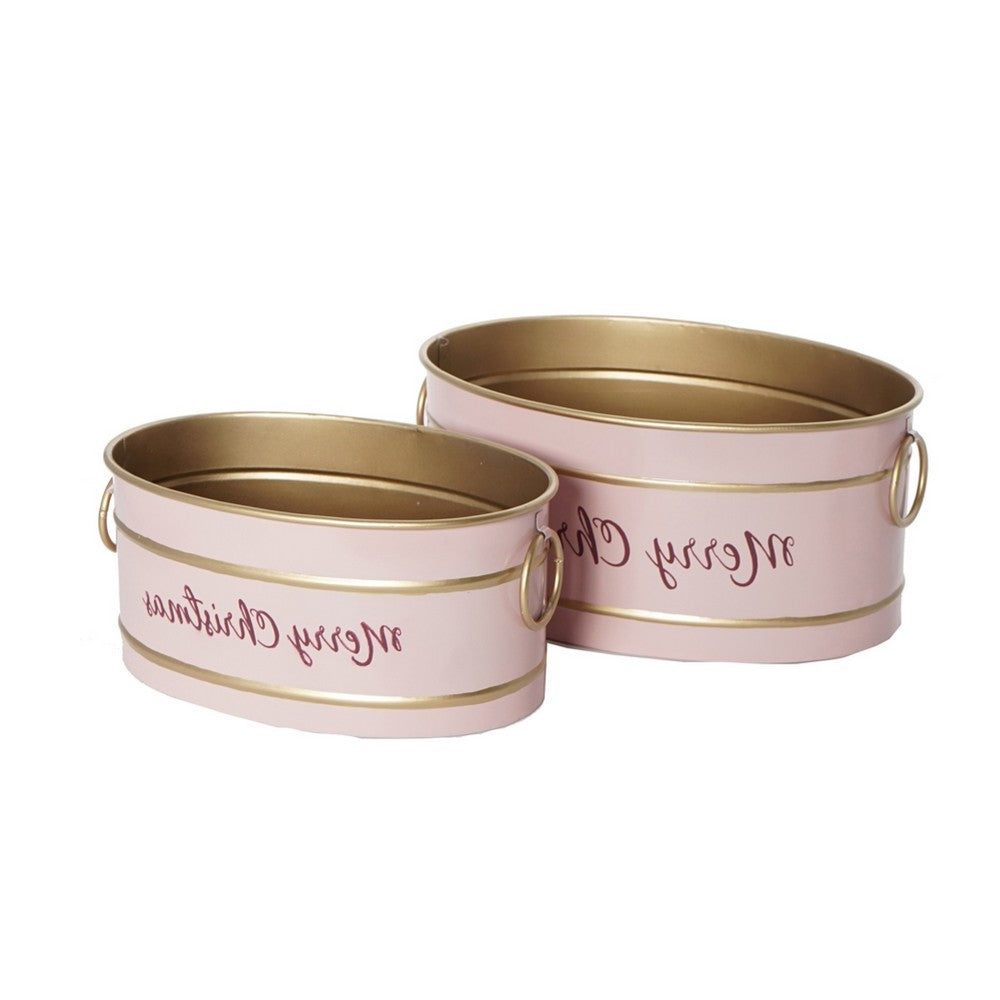 Limu Baskets Set of 2, Gold Trim, Oval Pink Iron Merry Christmas  - BM350988