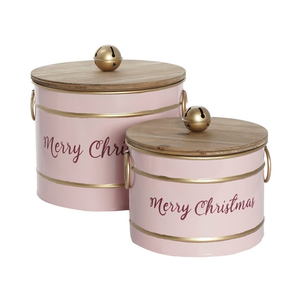 Limu Storage Box Set of 2, Gold Trim, Round Pink Iron Merry Christmas  - BM350989