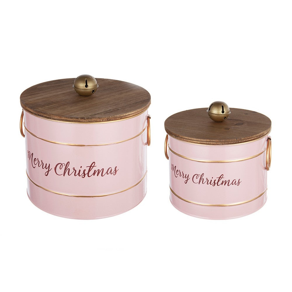 Limu Storage Box Set of 2, Gold Trim, Round Pink Iron Merry Christmas  - BM350989