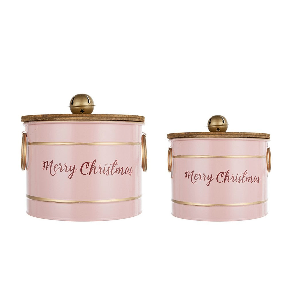 Limu Storage Box Set of 2, Gold Trim, Round Pink Iron Merry Christmas  - BM350989