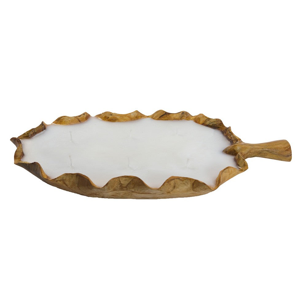 Minc Soy Wax Candle with 6 Wick, 16 Inch Leaf Shaped Brown Teak Wood - BM350993