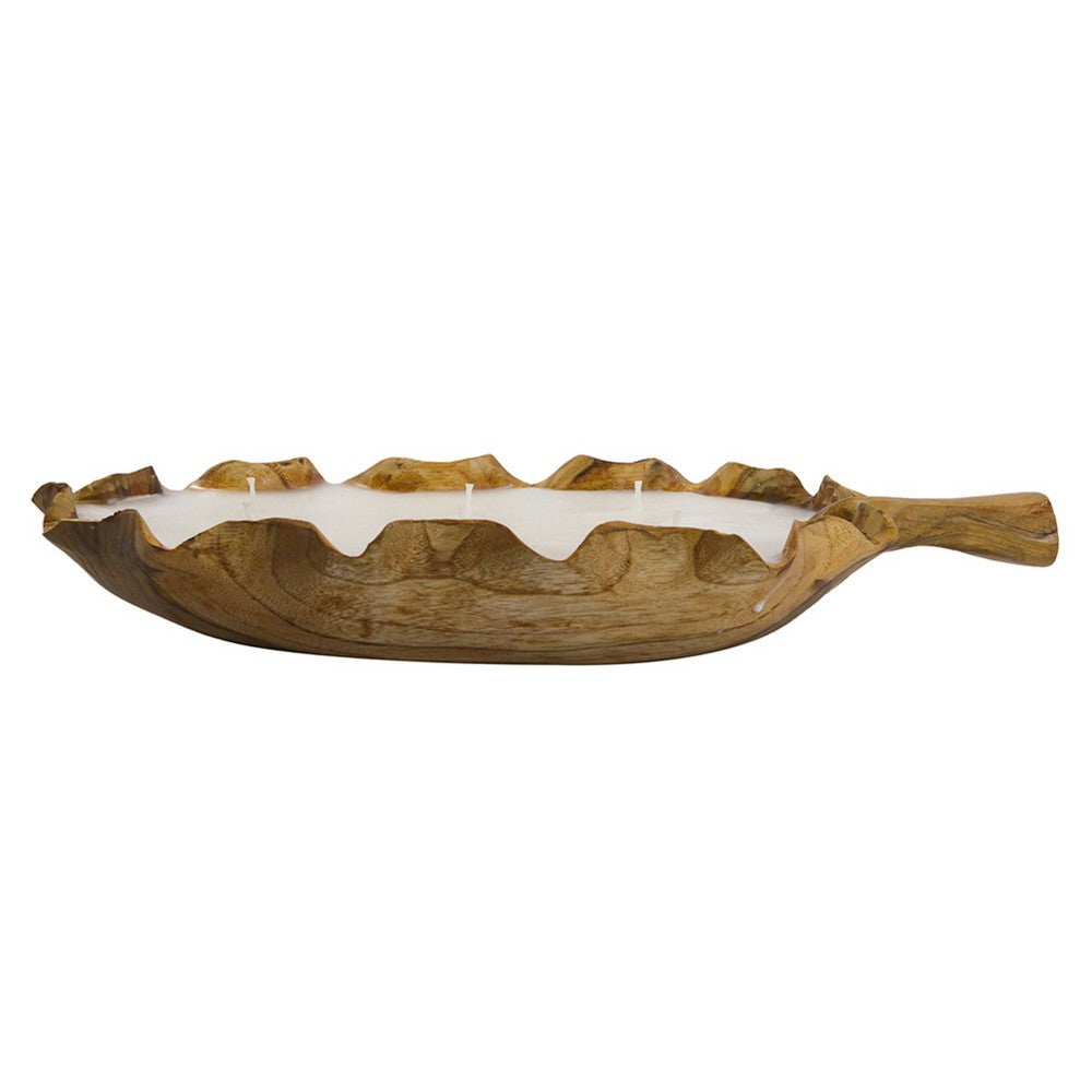 Minc Soy Wax Candle with 6 Wick, 16 Inch Leaf Shaped Brown Teak Wood - BM350993