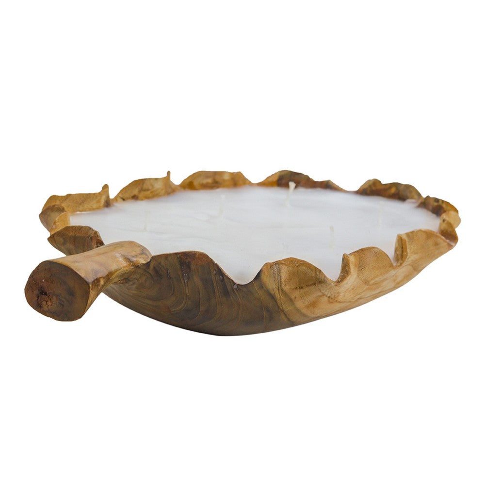 Minc Soy Wax Candle with 6 Wick, 16 Inch Leaf Shaped Brown Teak Wood - BM350993