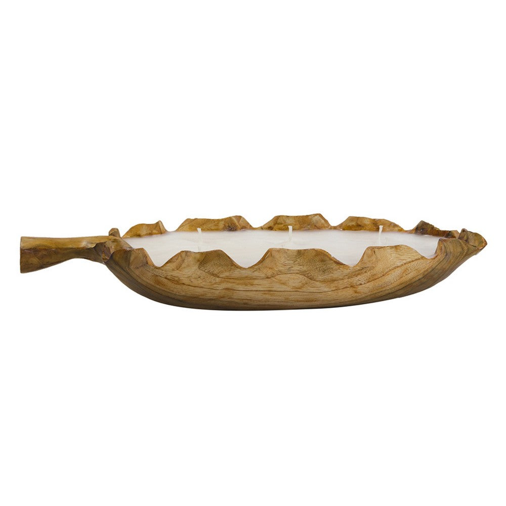 Minc Soy Wax Candle with 6 Wick, 16 Inch Leaf Shaped Brown Teak Wood - BM350993