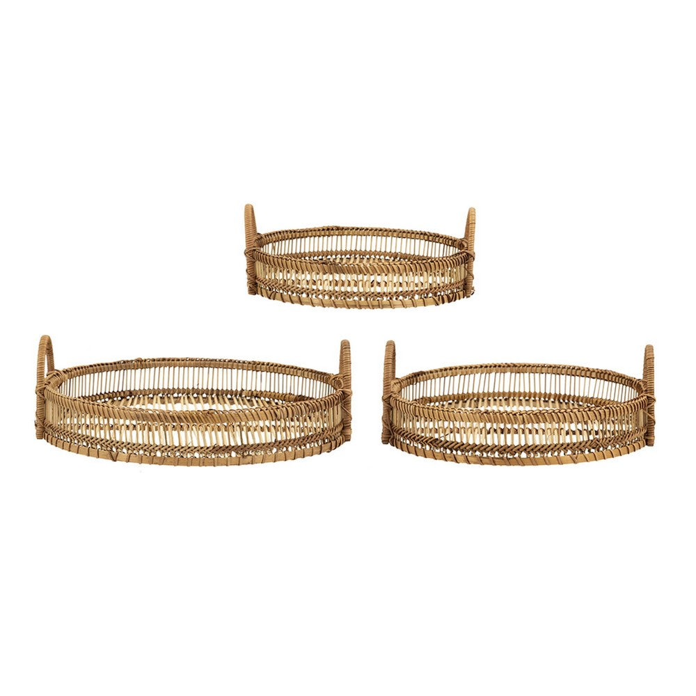 3pc Storage Baskets with Handles, Natural Brown Bamboo Woven Decor - BM350995