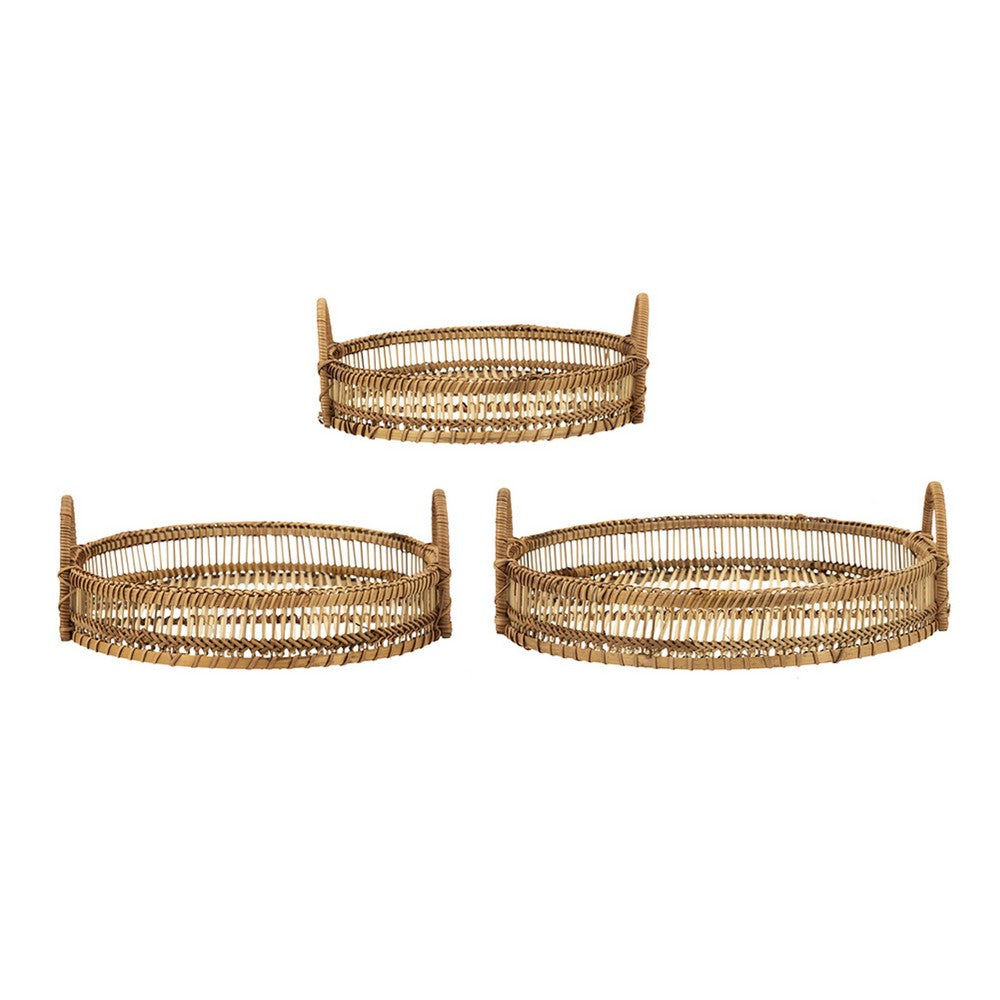 3pc Storage Baskets with Handles, Natural Brown Bamboo Woven Decor - BM350995