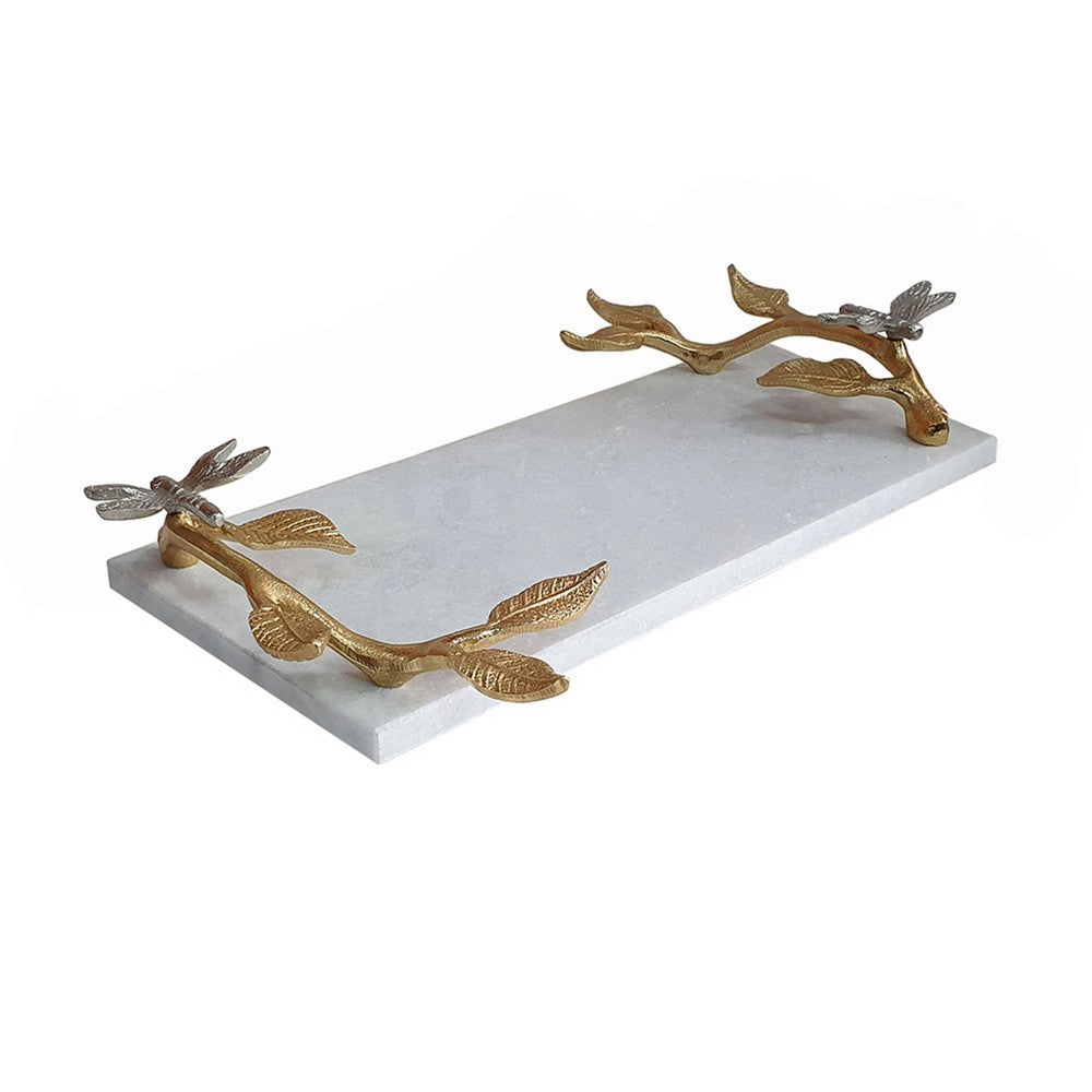 Decorative Tray, Marble Base, Gold Branch Handles with Dragonfly, 15 Inch - BM351001