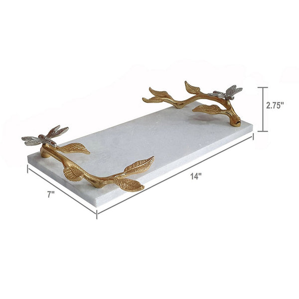Decorative Tray, Marble Base, Gold Branch Handles with Dragonfly, 15 Inch - BM351001