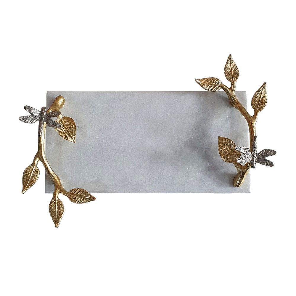 Decorative Tray, Marble Base, Gold Branch Handles with Dragonfly, 15 Inch - BM351001