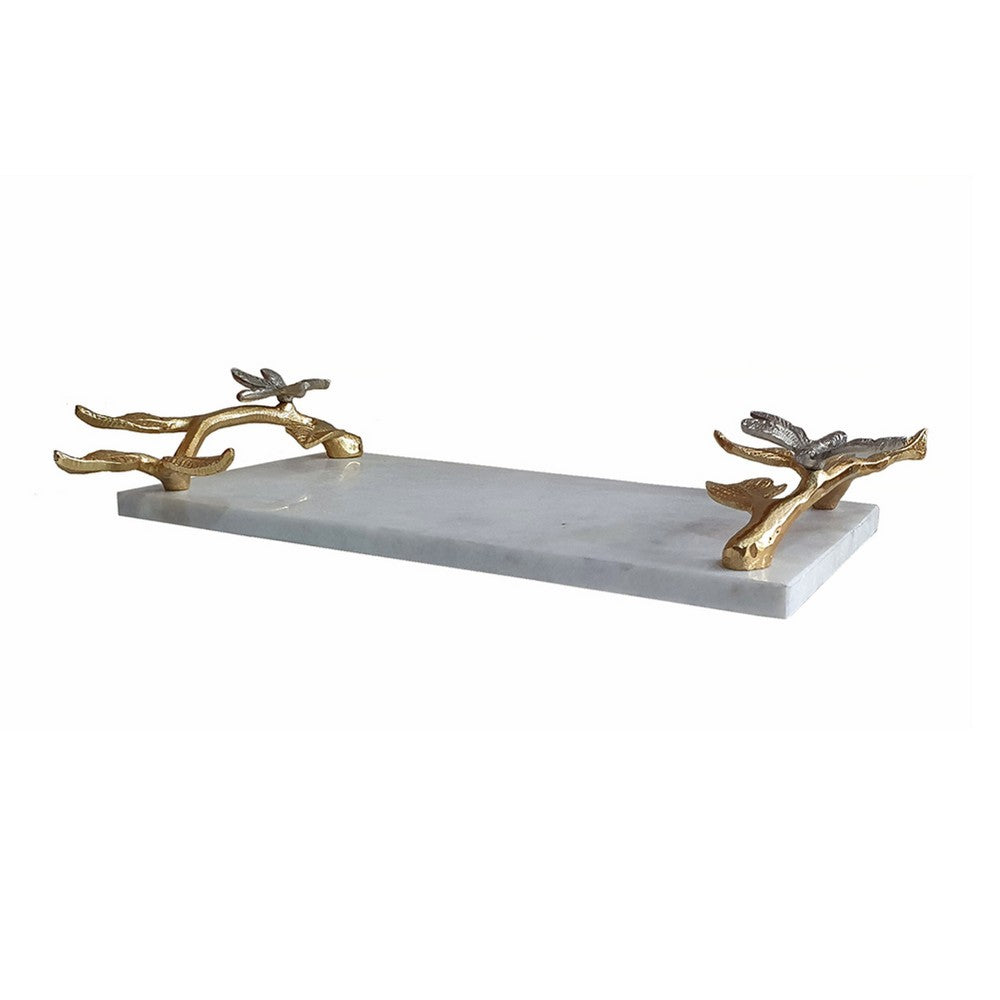 Decorative Tray, Marble Base, Gold Branch Handles with Dragonfly, 15 Inch - BM351001