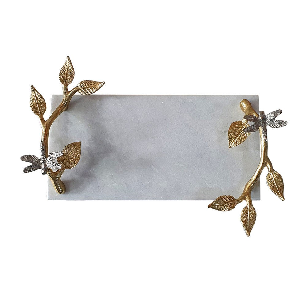 Decorative Tray, Marble Base, Gold Branch Handles with Dragonfly, 15 Inch - BM351001